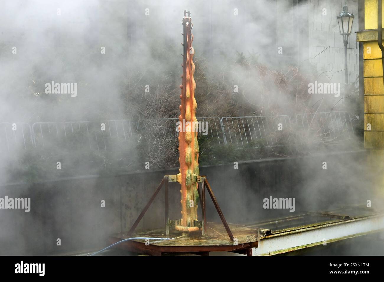 Un nuovo stand di acqua potabile curativa che la città sta testando presso il colonnato primaverile di Karlovy Vary, 7 febbraio 2025. Si tratta di un modello di prova di una scultura che potrebbe stare di fronte al colonnato in Piazza del Teatro. La scultura, chiamata Krasavec, è creata dalla crescita spontanea del gesso, che è abbondante nello stato disciolto nell'acqua di sorgente. (Foto CTK/Slavomir Kubes) Foto Stock