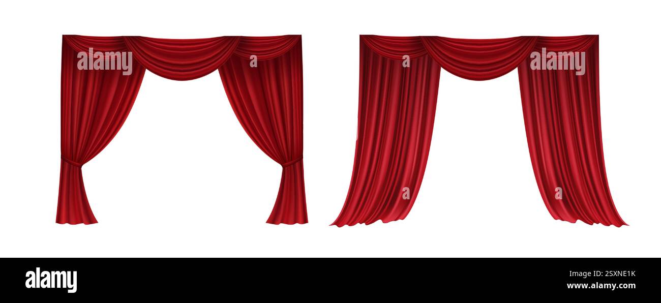 Realistico set 3D di tende per teatro Red Velvet aperte e chiuse bordi superiori lunghi e corti isolati su sfondo bianco Illustrazione Vettoriale