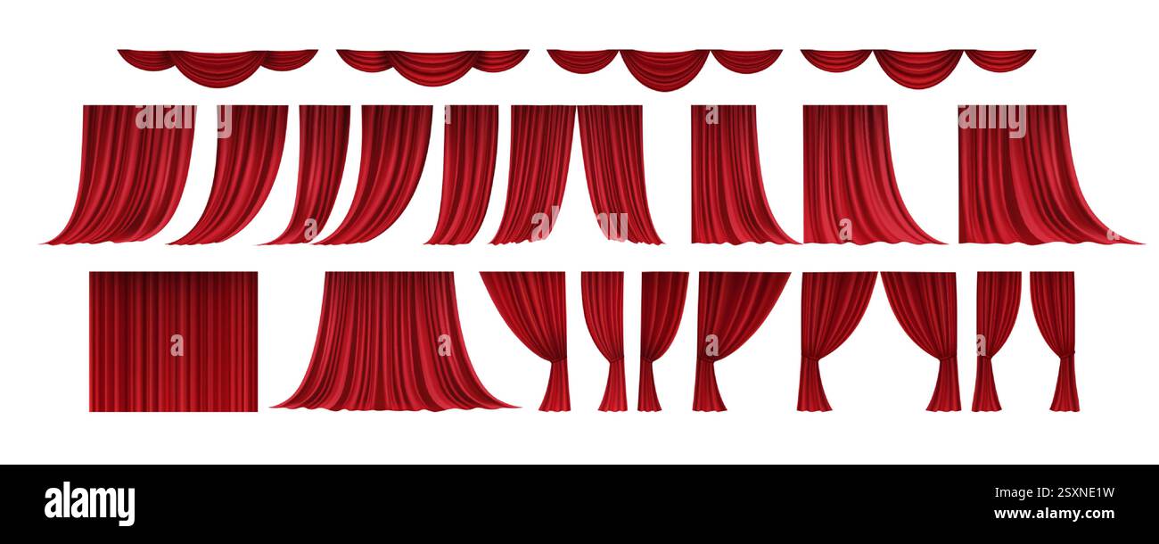 Realistico set 3D di tende per teatro Red Velvet aperte e chiuse bordi superiori lunghi e corti isolati su sfondo bianco Illustrazione Vettoriale