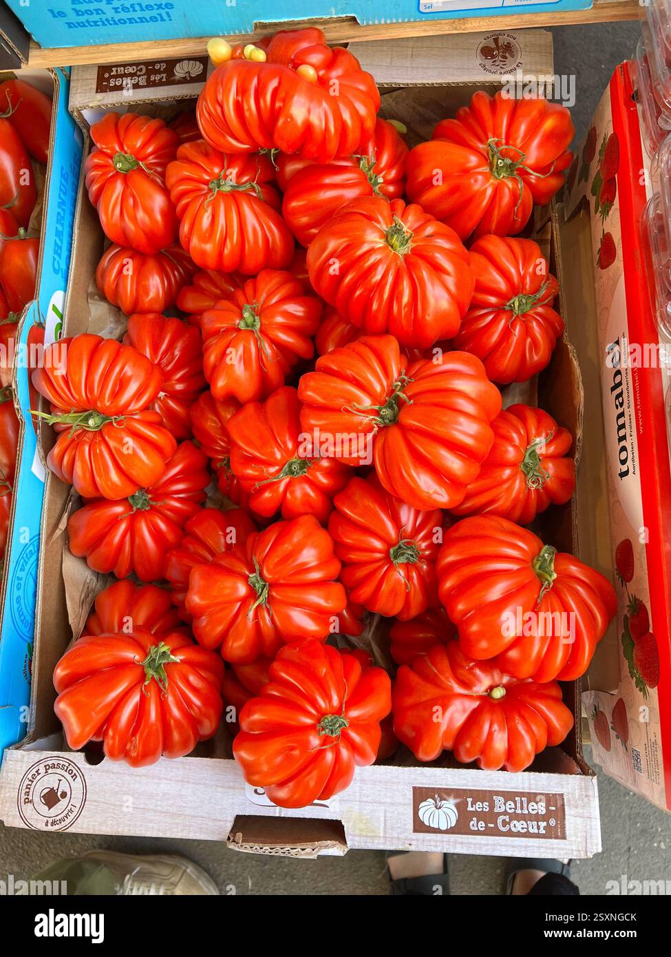 Pomodori Heirloom freschi in una bancarella del mercato - Immagine stock catturata con smartphone