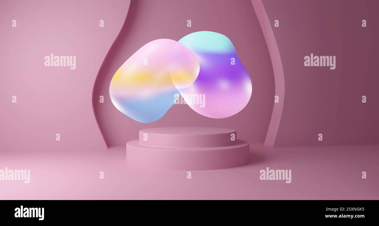 Forme astratte colorate che fluttuano sul piedistallo rosa nell'immagine Foto Stock
