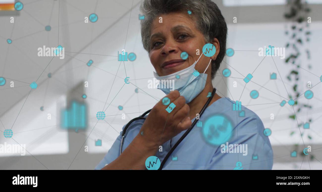 Immagine di rete dati sanitari su infermiere regolazione maschera viso Foto Stock