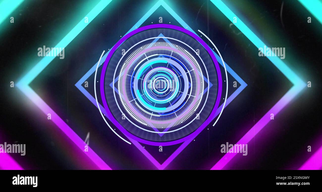 Forme geometriche e cerchi al neon brillanti, immagine futuristica Foto Stock