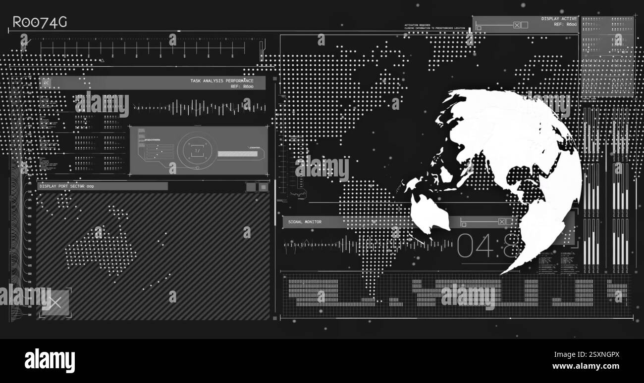 Mappa mondiale ed elaborazione dei dati tramite interfaccia digitale con grafici e grafici Foto Stock
