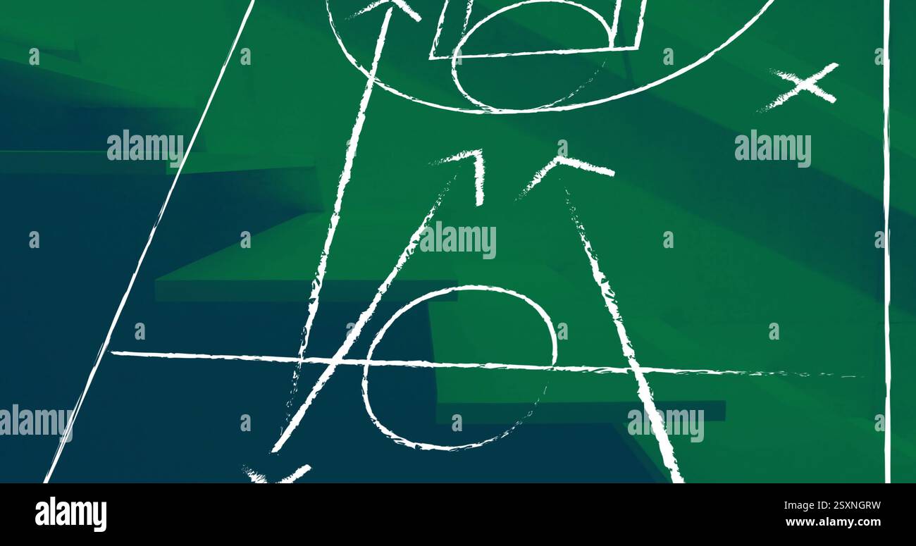 Forme geometriche e linee vengono visualizzate su sfondo astratto verde e blu Foto Stock