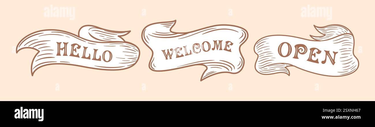 Il set di modelli per banner a nastro vintage presenta design accattivanti con frasi come Ciao, benvenuto e Apri. Perfetto per aggiungere un tocco nostalgico al reggiseno Illustrazione Vettoriale