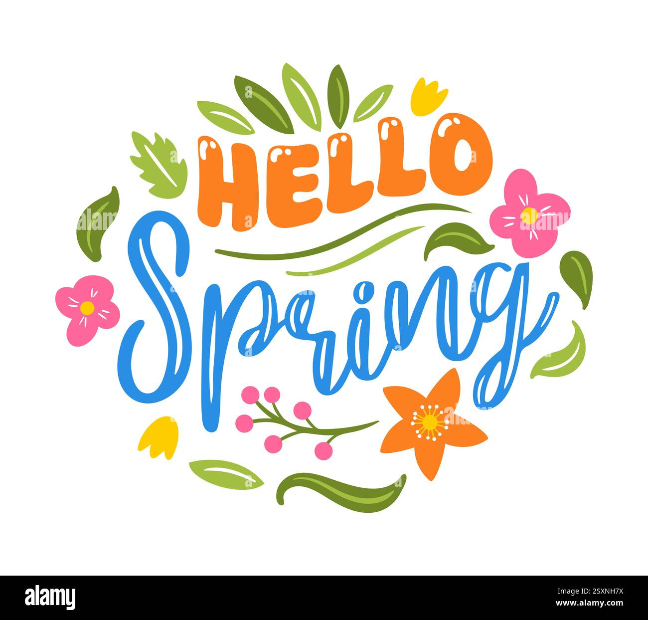 Allegra illustrazione vettoriale della scritta Hello Spring, decorata con fiori in fiore e foglie fresche, che cattura lo spirito vibrante della primavera Illustrazione Vettoriale