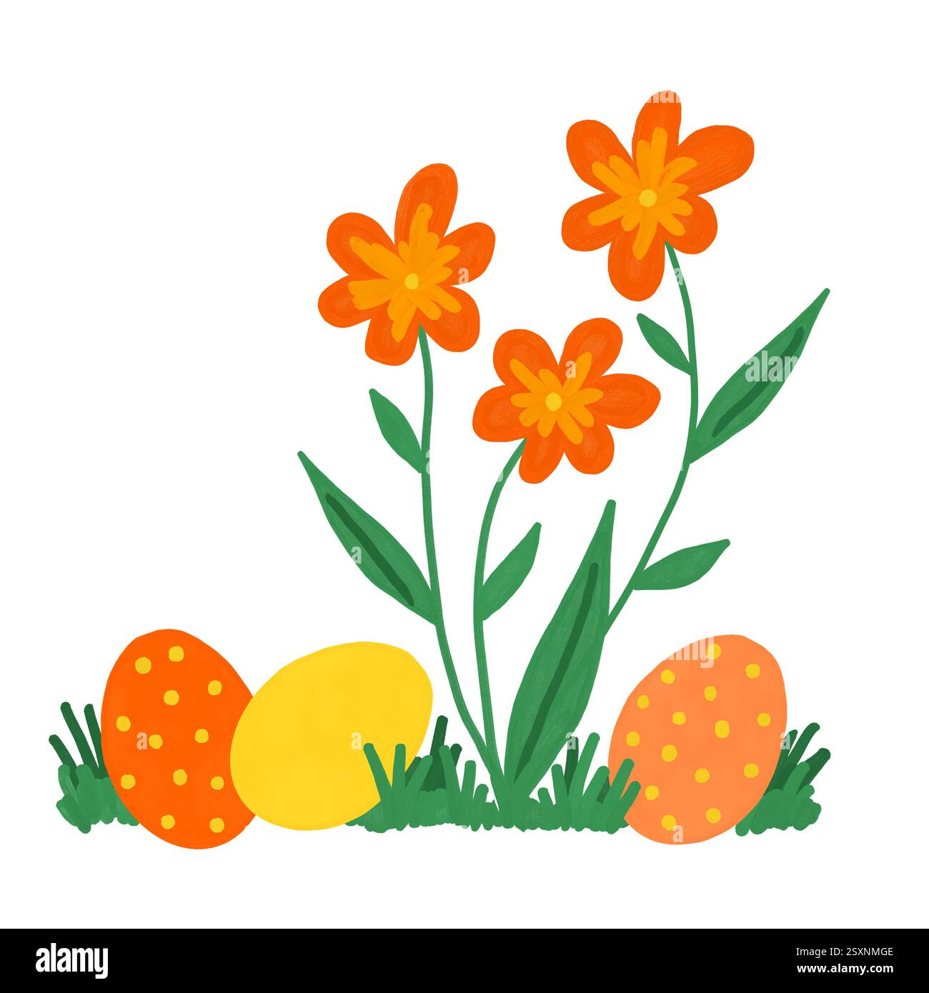 uova di pasqua felici disegnate a mano di colore giallo arancio con ornamento con fiori foglie verdi. Simboli religiosi cristiani colorati per il design di tessere, design minimalista semplice per l'arte delle feste primaverili Foto Stock