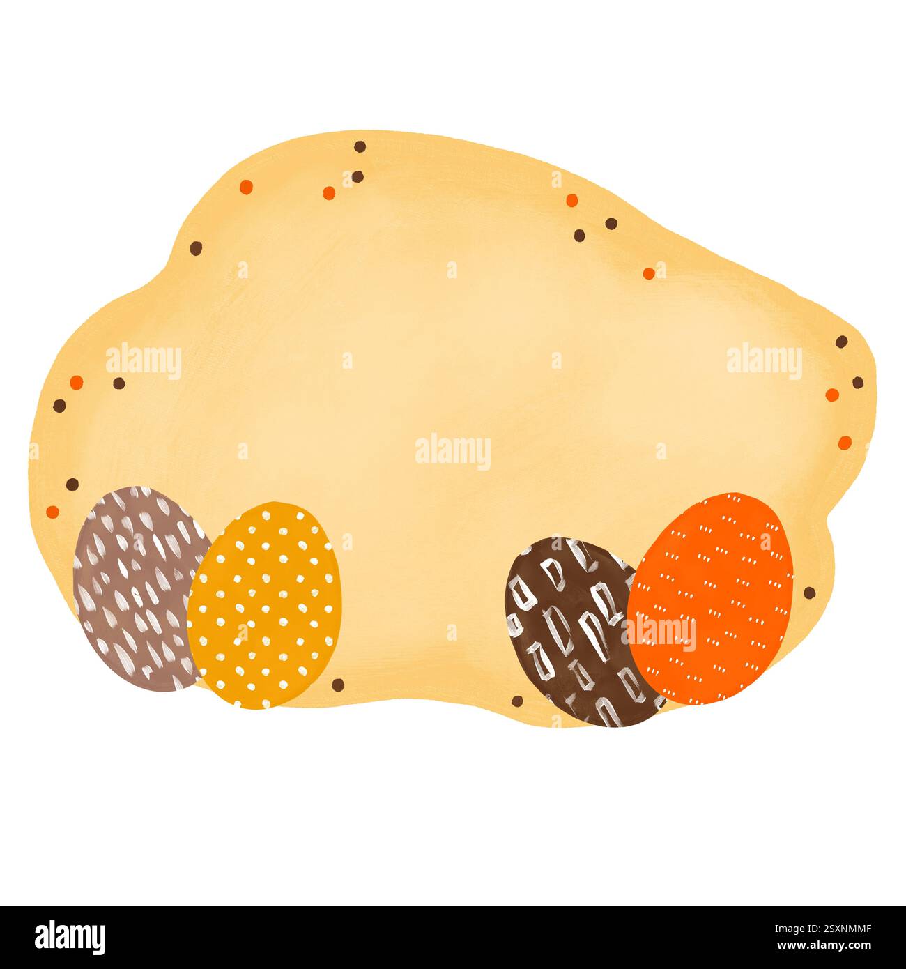 le uova di pasqua felici disegnate a mano fanno da cornice allo sfondo arancione marrone giallo con ornamento. Simboli religiosi cristiani colorati per il design di tessere, design minimalista semplice per l'arte delle feste primaverili Foto Stock