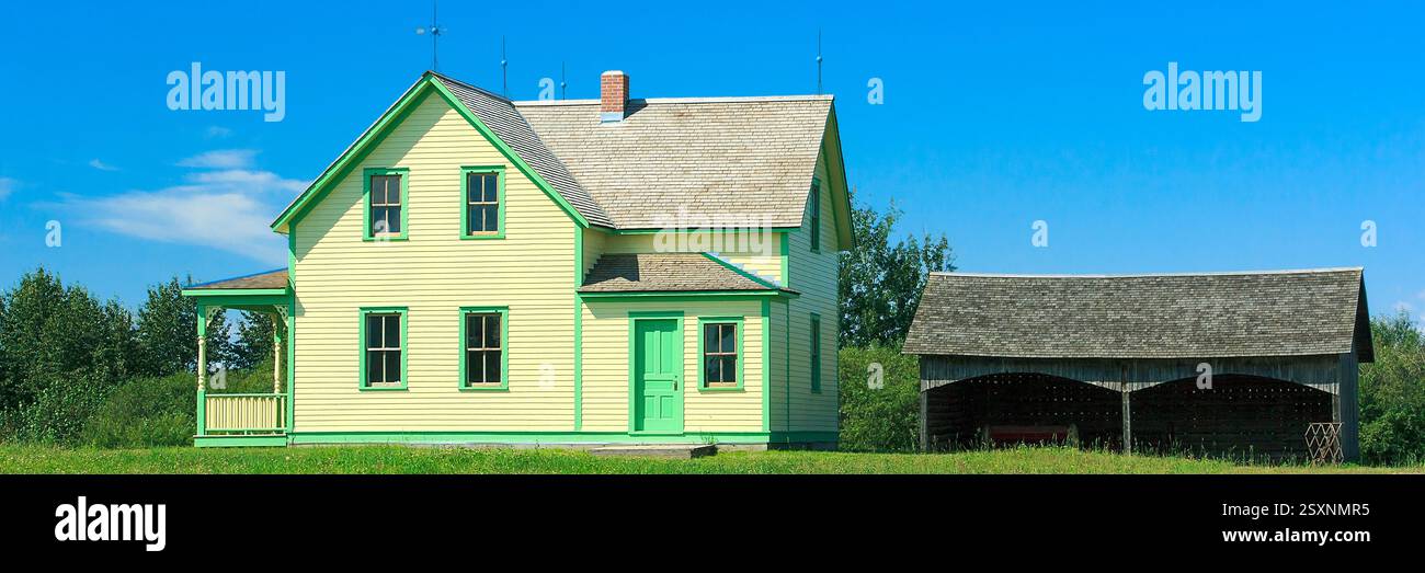Casa gialla con tetto verde e capannone verde. La casa è circondata da alberi Foto Stock