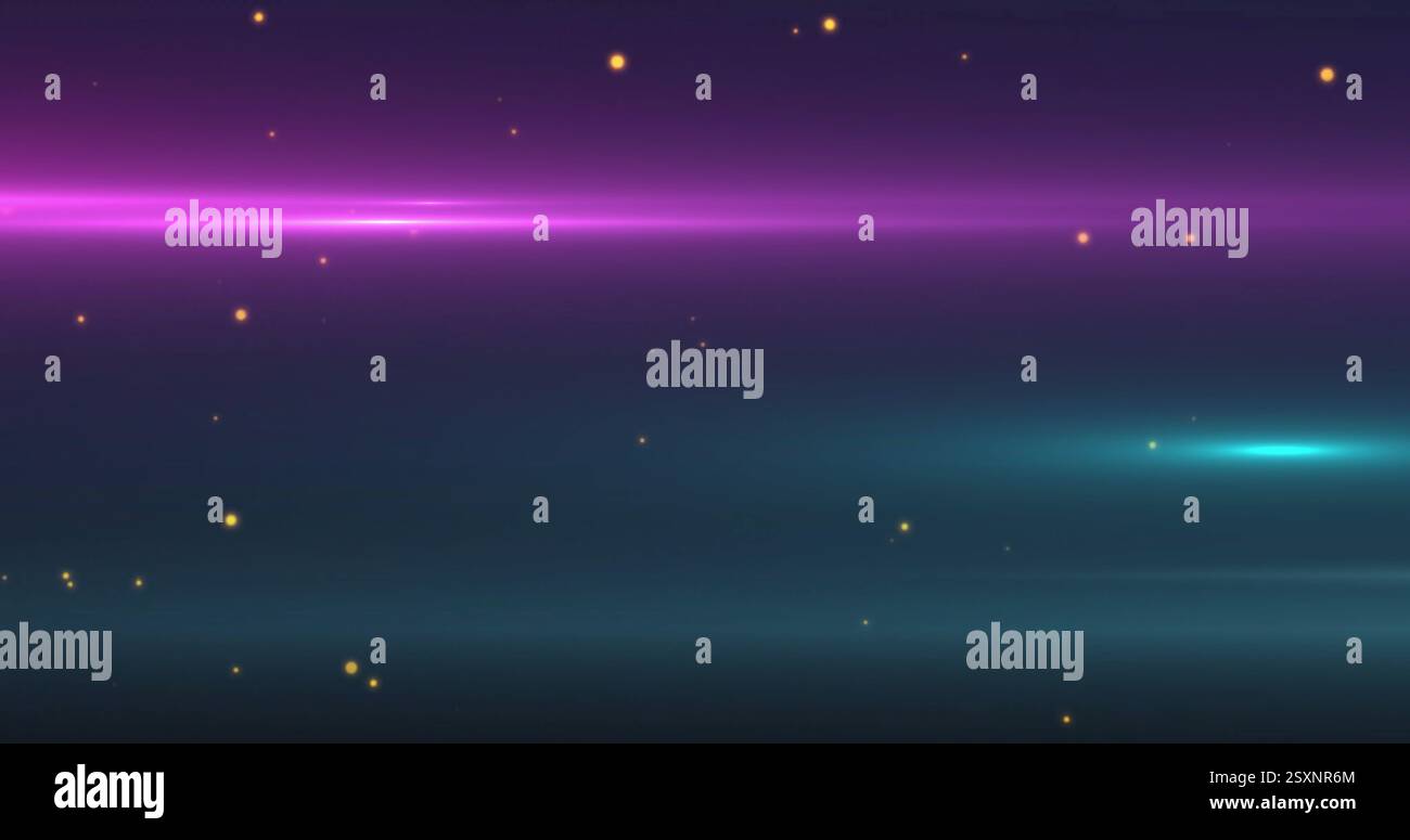 Immagine di macchie gialle e tracce di luce viola su sfondo nero Foto Stock