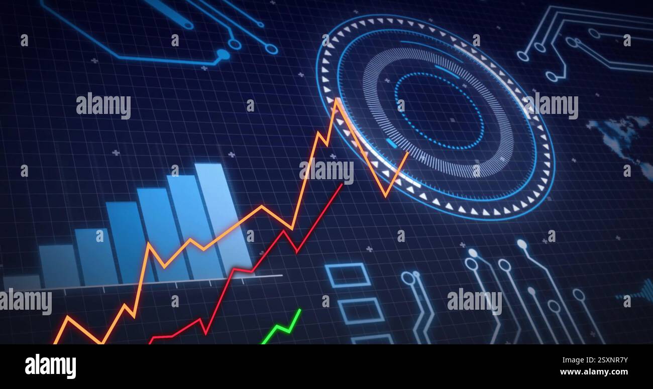 I dati finanziari e le tendenze del mercato azionario si riflettono sullo sfondo dell'interfaccia digitale Foto Stock