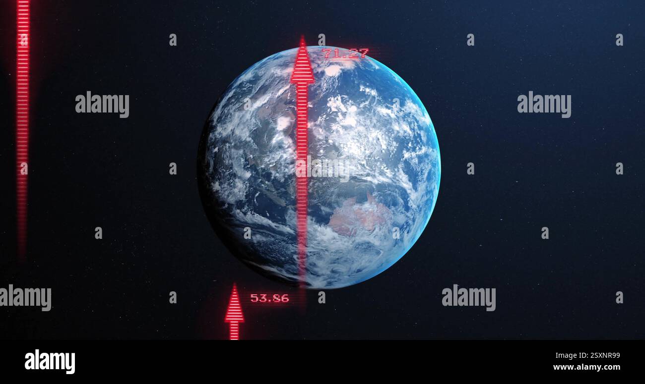 Terra con frecce rosse e punti dati, immagine di crescita globale Foto Stock
