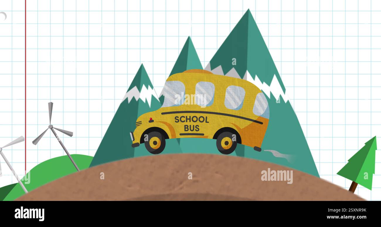 Scuolabus che guida attraverso l'immagine del paesaggio urbano con edifici e alberi Foto Stock