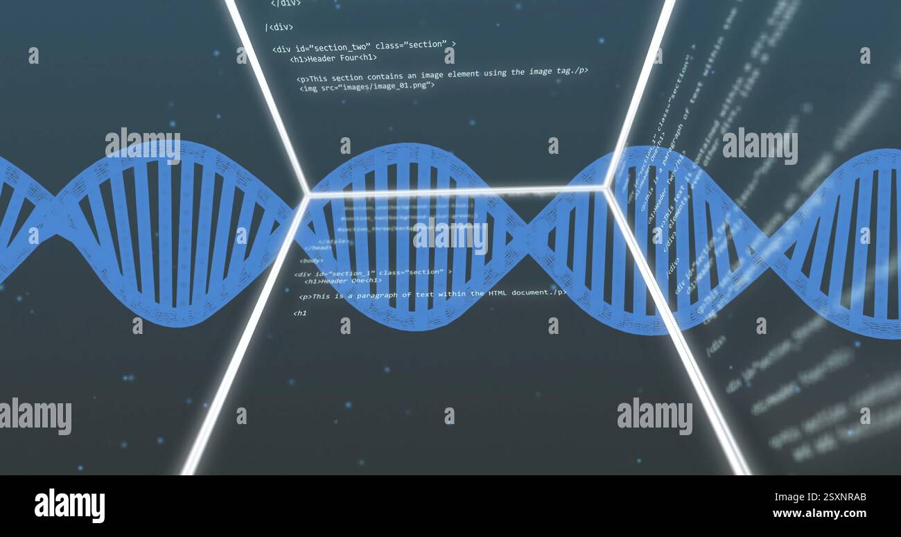 Filamento di DNA e codifica dell'immagine di elaborazione dei dati su sfondo scuro Foto Stock