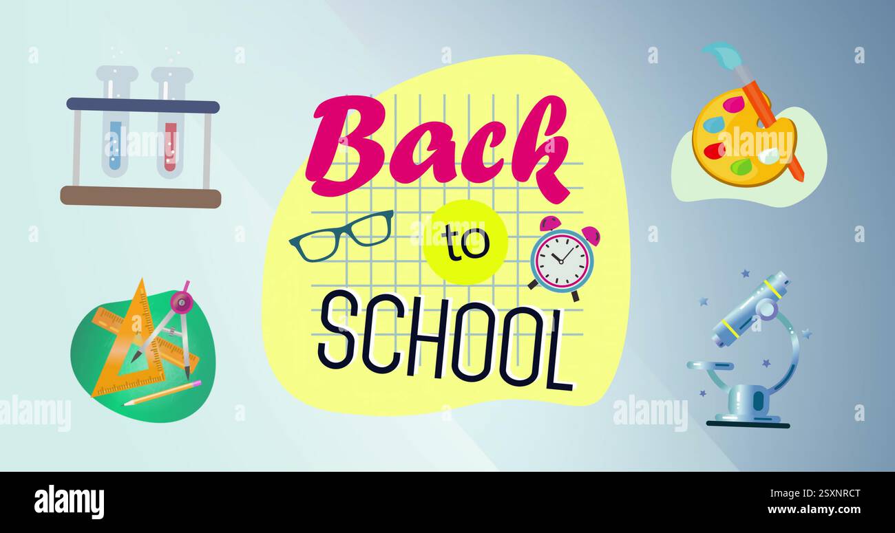 Immagine di testo Back to School con icone delle forniture scolastiche su sfondo azzurro Foto Stock