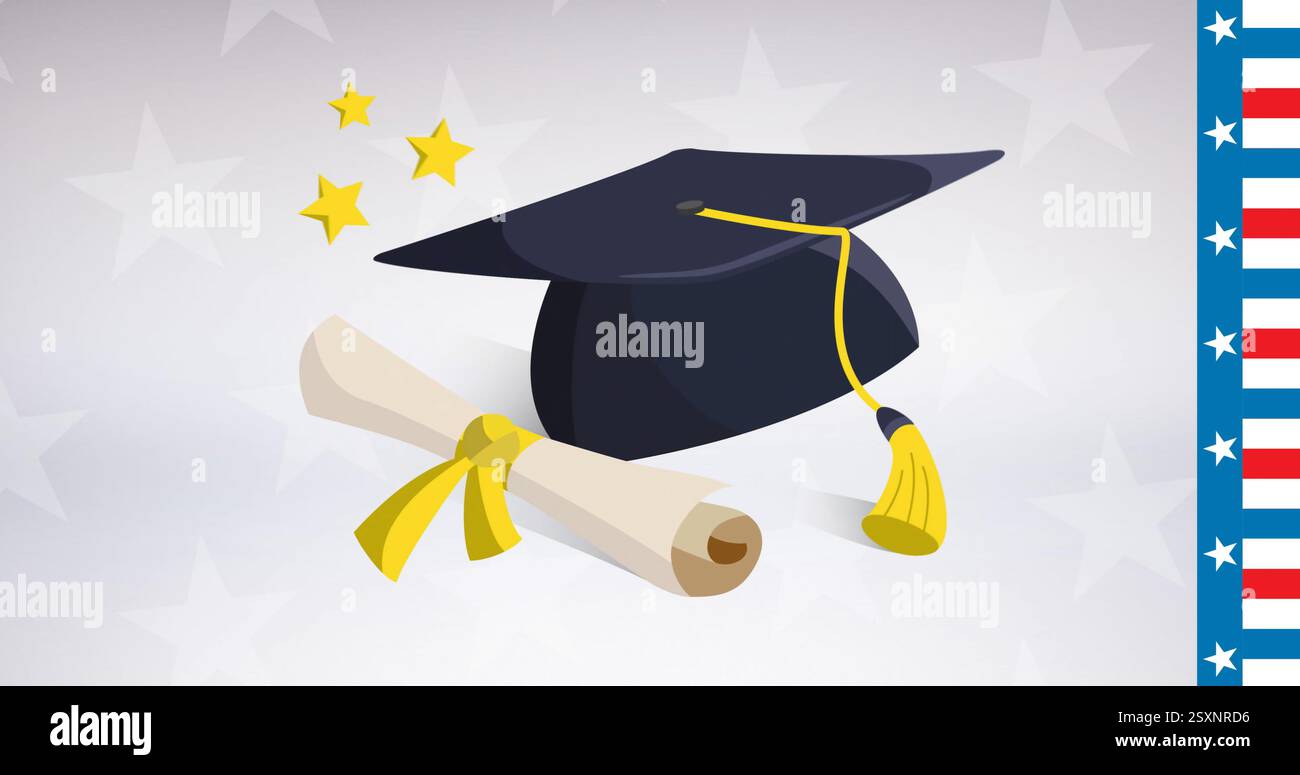 Cappello di laurea e diploma con immagine delle stelle su sfondo patriottico Foto Stock