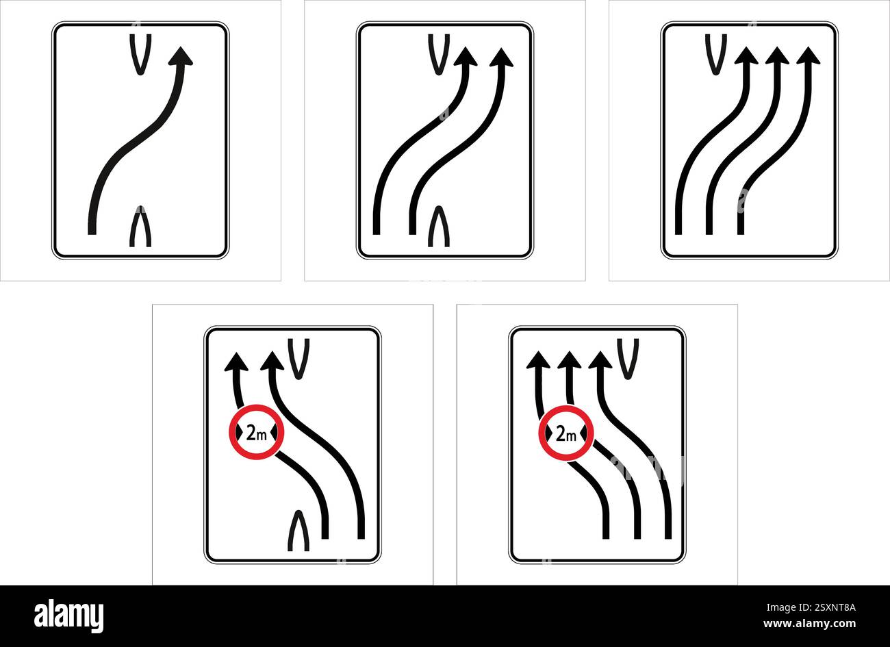 Serie di cartelli stradali normativi quadrati che illustrano le regole di convergenza, deviazione e sorpasso delle corsie, inclusi gli indicatori di distanza minima. Illustrazione Vettoriale