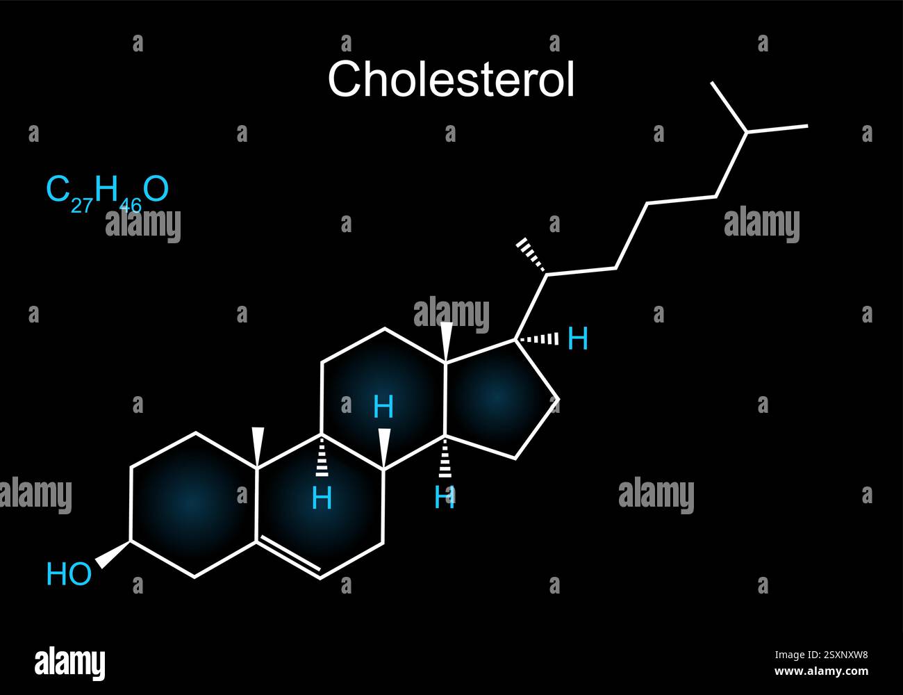 Molecola di colesterolo. Formula scheletrica di lipidi su sfondo scuro. Formula strutturale chimica molecolare e modello di colesterolo. Illustrazione vettoriale Illustrazione Vettoriale