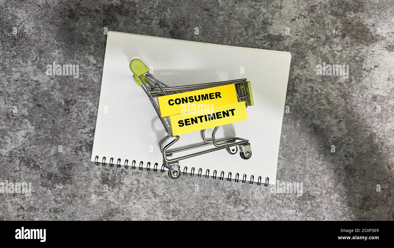 Concetto di sentimento del consumatore scrivete su note adesive isolate su un tavolo di legno. Foto Stock