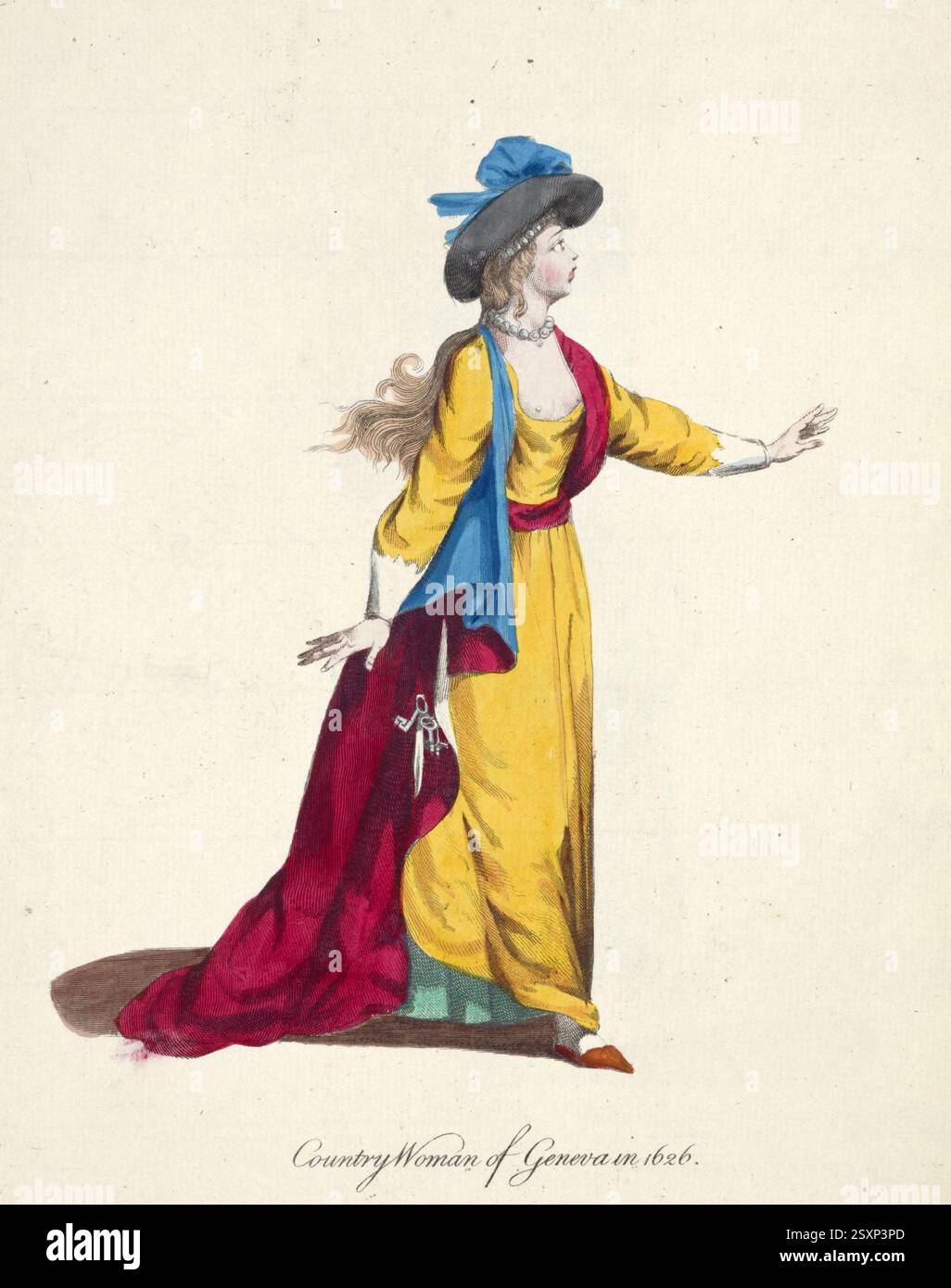 Abbigliamento storico, moda nel tempo, Una contadina di Ginevra nel 1626, Svizzera, riproduzione restaurata digitalmente di un originale del XVIII/XIX secolo, data esatta non conosciuta, Historische Kleidung, Mode im Laufe der Zeit, Eine Bäuerin aus Genf im Jahr 1626, Schweiz, digital restaurierte Reproduktion einer Vorlage aus dem 18./19. Jahrhundert, genaues Datum nicht bekannt Foto Stock