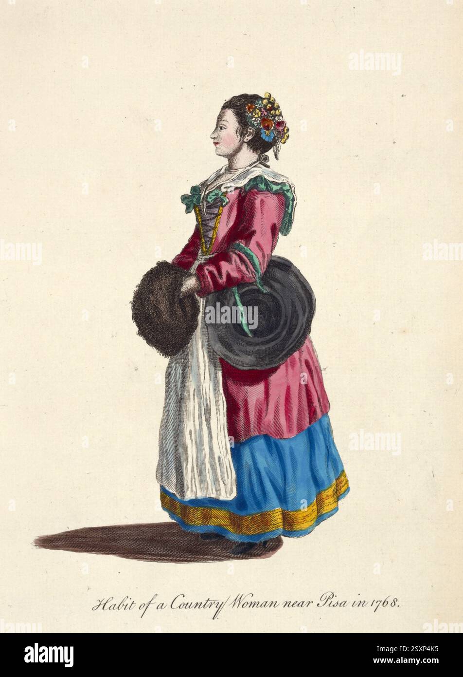 Abbigliamento storico, moda nel tempo, costume di una contadina di vicino Pisa, 1768, Italia, riproduzione restaurata digitalmente di un originale del XVIII/XIX secolo, data esatta sconosciuta, Historische Kleidung, Mode im Laufe der Zeit, Tracht einer Bäuerin aus der Nähe von Pisa, Italien, digital restaurierte Reproduktion einer Vorlage aus dem 18./19. Jahrhundert, genaues Datum nicht bekannt Foto Stock