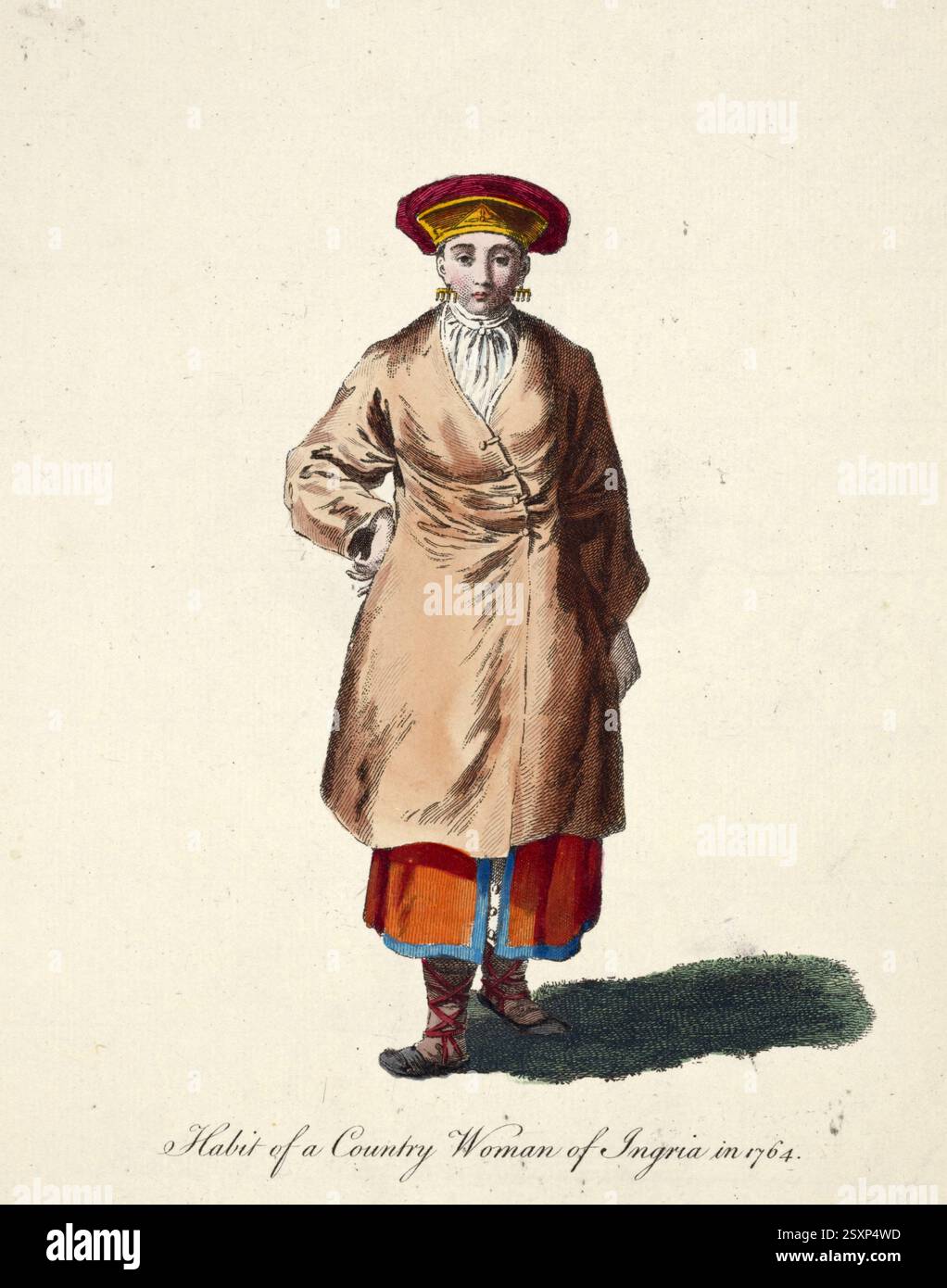 Abbigliamento storico, moda nel tempo, costume di una donna contadina dell'Ingria, 1768, Russia, riproduzione restaurata digitalmente di un originale del XVIII/XIX secolo, data esatta sconosciuta, Historische Kleidung, Mode im Laufe der Zeit, Tracht einer Bäuerin aus Ingria, Russland, digital restaurierte Reproduktion einer Vorlage aus dem 18./19. Jahrhundert, genaues Datum nicht bekannt Foto Stock