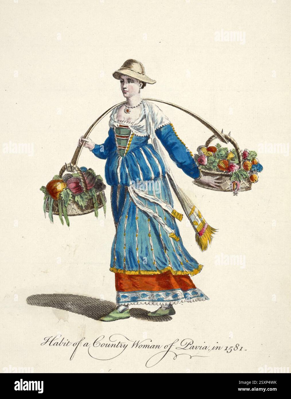 Abbigliamento storico, moda nel tempo, costume di una contadina di Pavia, 1588, Italia, riproduzione restaurata digitalmente di un originale del XVIII/XIX secolo, data esatta sconosciuta, Historische Kleidung, Mode im Laufe der Zeit, Tracht einer Bäuerin aus Pavia, Italien, digital restaurierte Reproduktion einer Vorlage aus dem 18./19. Jahrhundert, genaues Datum nicht bekannt Foto Stock