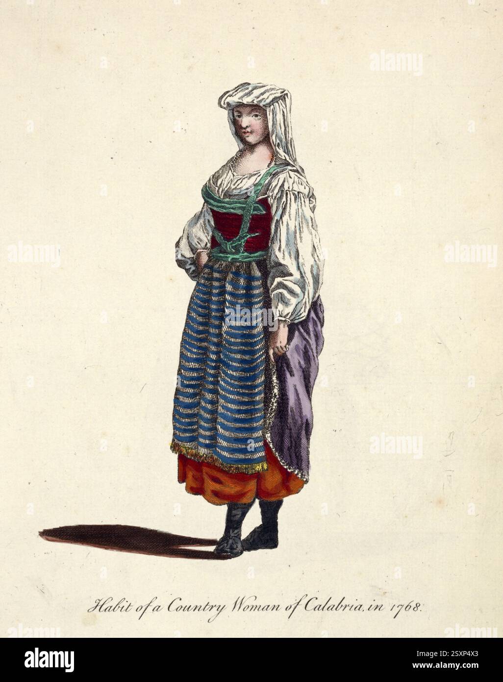 Abbigliamento storico, moda nel tempo, costume di una donna contadina calabrese, 1768, Italia, riproduzione restaurata digitalmente di un originale del XVIII/XIX secolo, data esatta sconosciuta, Historische Kleidung, Mode im Laufe der Zeit, Tracht einer Bäuerin aus Kalabrien, Italien, digital restaurierte Reproduktion einer Vorlage aus dem 18./19. Jahrhundert, genaues Datum nicht bekannt Foto Stock