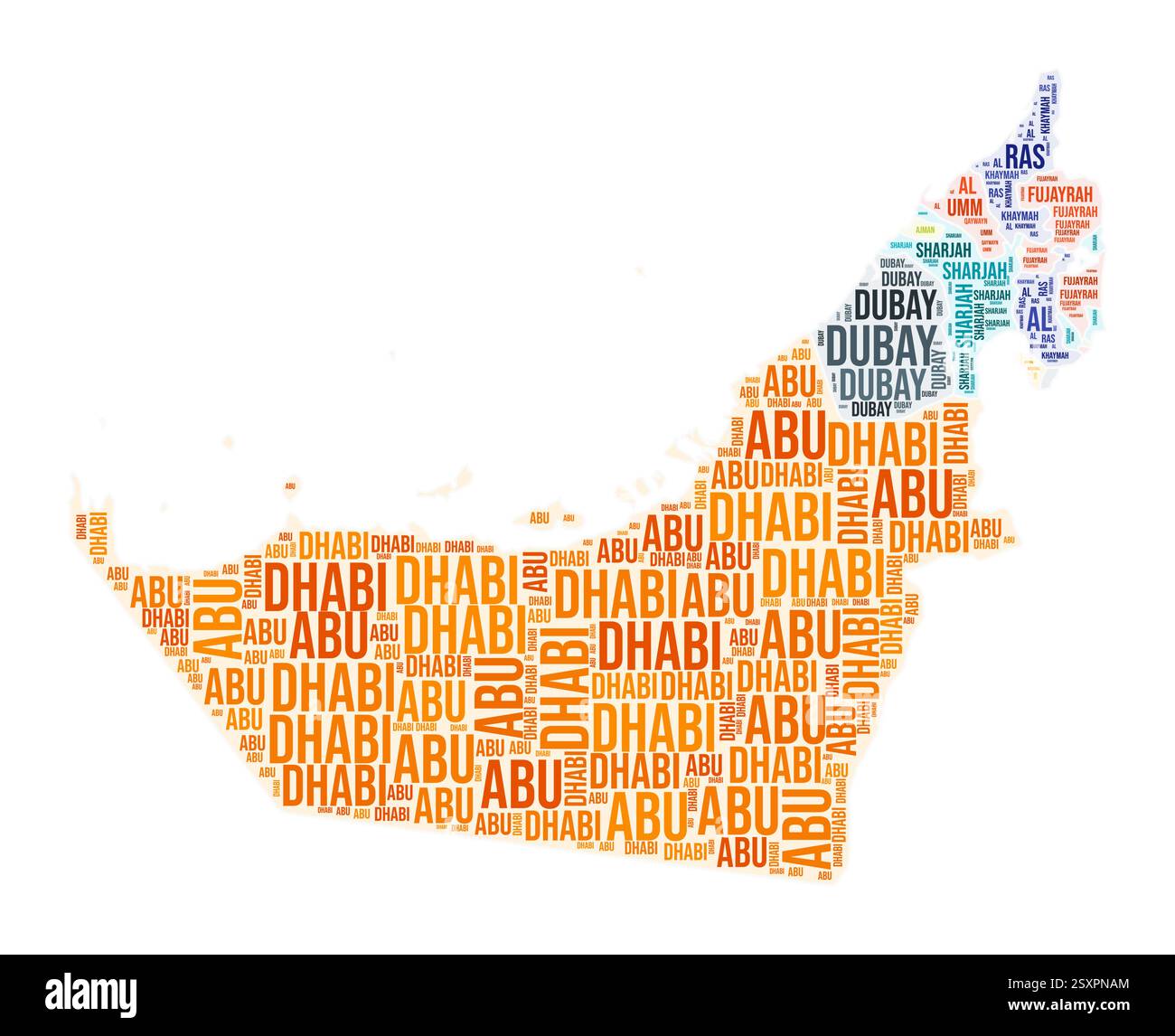 Nuvola di parole della regione degli Emirati Arabi Uniti. Design a forma di paese. Illustrazione a colori degli Emirati Arabi Uniti. Fumetto collage nomi regione. Illustrazione Vettoriale