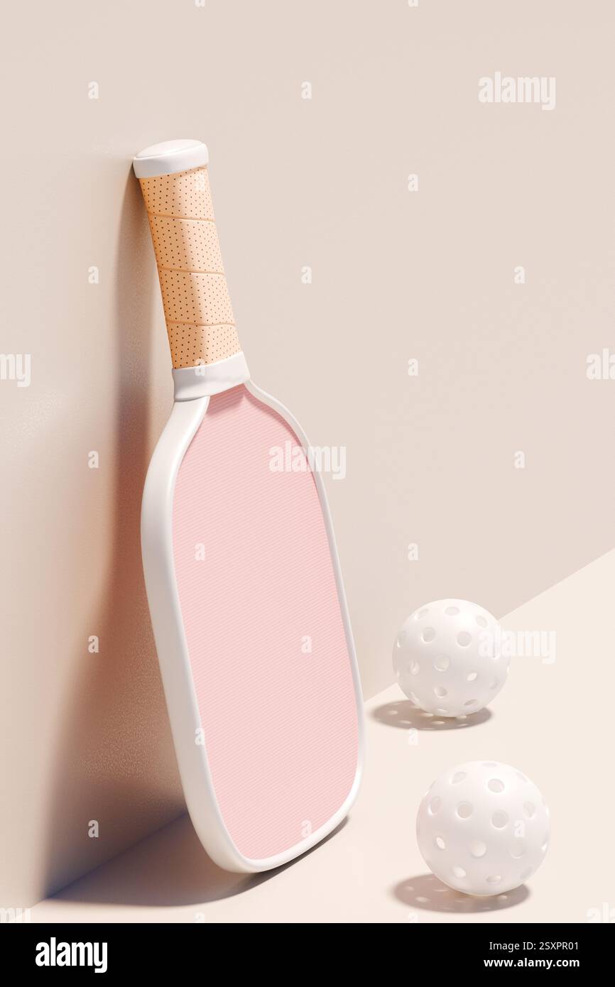 Pagaia e palline per un divertente gioco di picchetto, con colori vivaci e design divertente. rendering 3d. Foto Stock