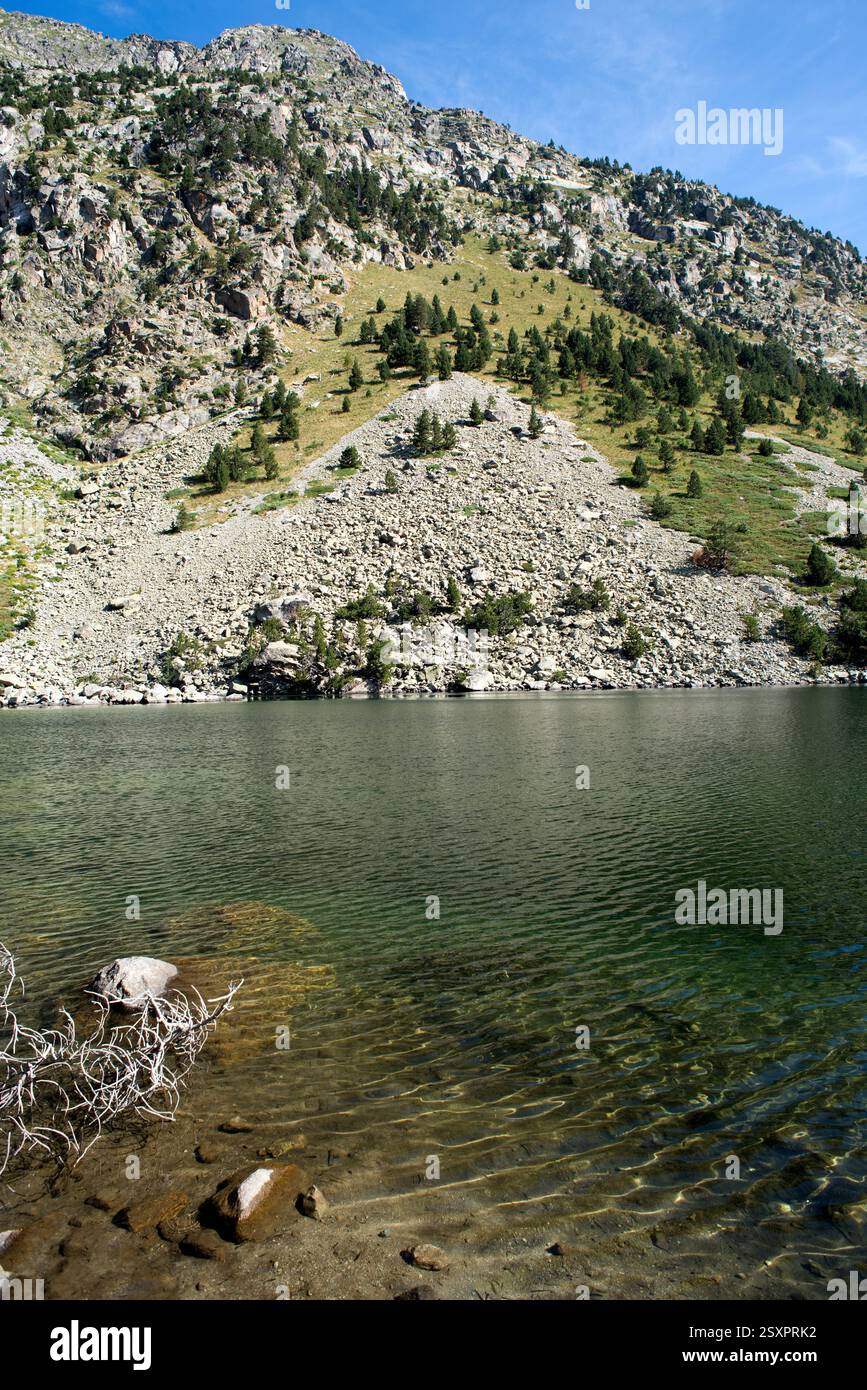 Parco nazionale Aigüestortes i Estany de Sant Maurici. Estany Llong. Situato tra Espot e Vall de Boí. Alta Ribaganza, Lleida, Catalogna, Spagna. Foto Stock