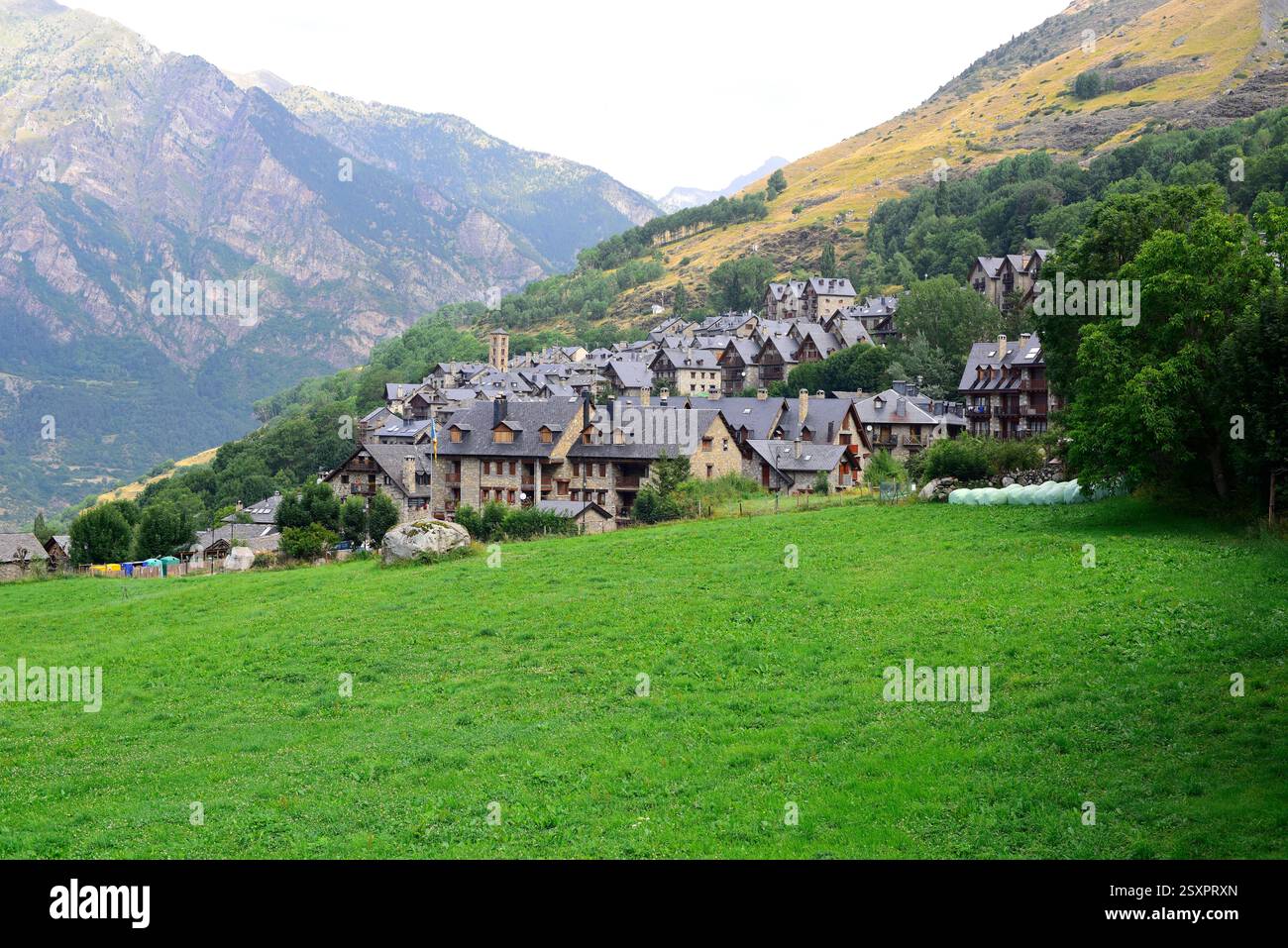 Taüll o Tahull, vista panoramica. Comune di Vall de Boí, alta Ribaganza, Lleida, Catalogna, Spagna. Foto Stock