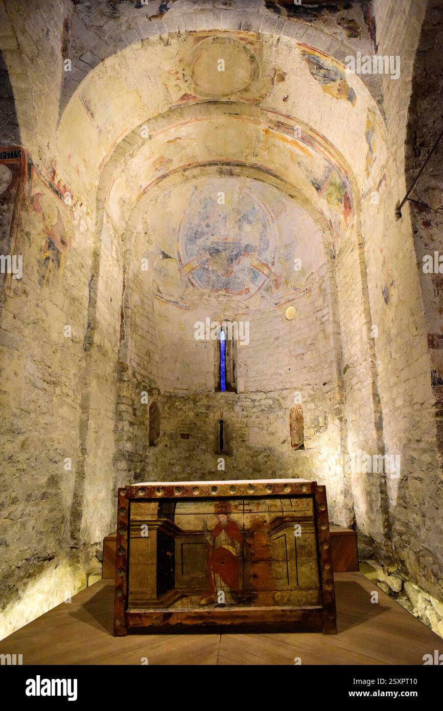 Taüll, chiesa di Sant Climent (romanica, XI secolo). Patrimonio mondiale dell'UNESCO. Abside principale. Vall de Boí, alta Ribaganza, Lleida, Catalogna, Spagna. Foto Stock