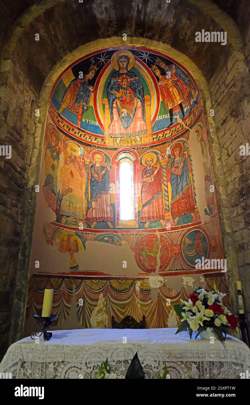 Taüll, chiesa di Santa Maria (romanica, XI secolo). Patrimonio mondiale dell'UNESCO. Pittura murale. Vall de Boí, alta Ribaganza, Lleida, Catalogna, Spagna. Foto Stock