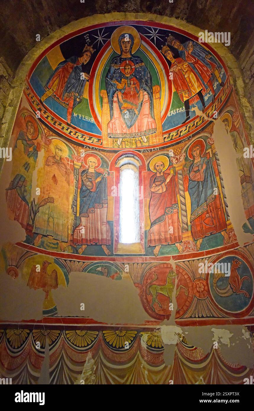 Taüll, chiesa di Santa Maria (romanica, XI secolo). Patrimonio mondiale dell'UNESCO. Pittura murale. Vall de Boí, alta Ribaganza, Lleida, Catalogna, Spagna. Foto Stock