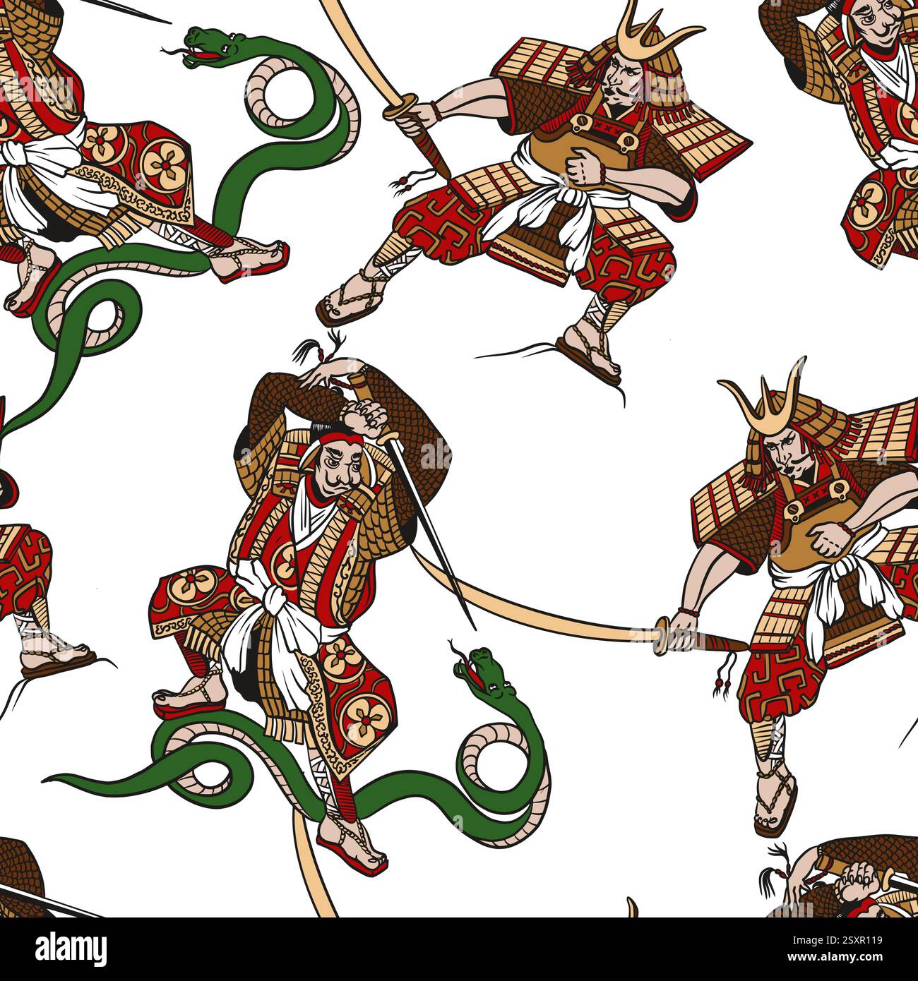 Motivo senza cuciture con samurai in stile grafico. Vettore. Illustrazione Vettoriale