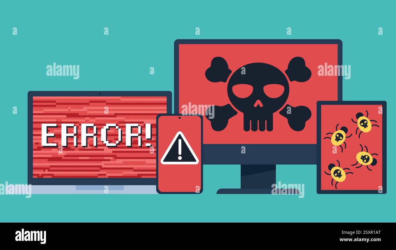 Vettori di progettazione piatta dell'hardware informatico di hacking. Notebook con messaggio di errore. Schermata di monitoraggio con cranio. Illustrazione Vettoriale
