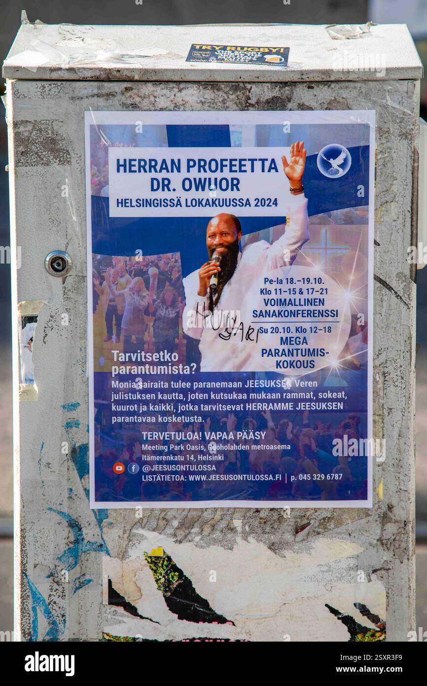 Poster pubblicitario controverso evento religioso keniano Dr. Owuor a Helsinki, Finlandia Foto Stock
