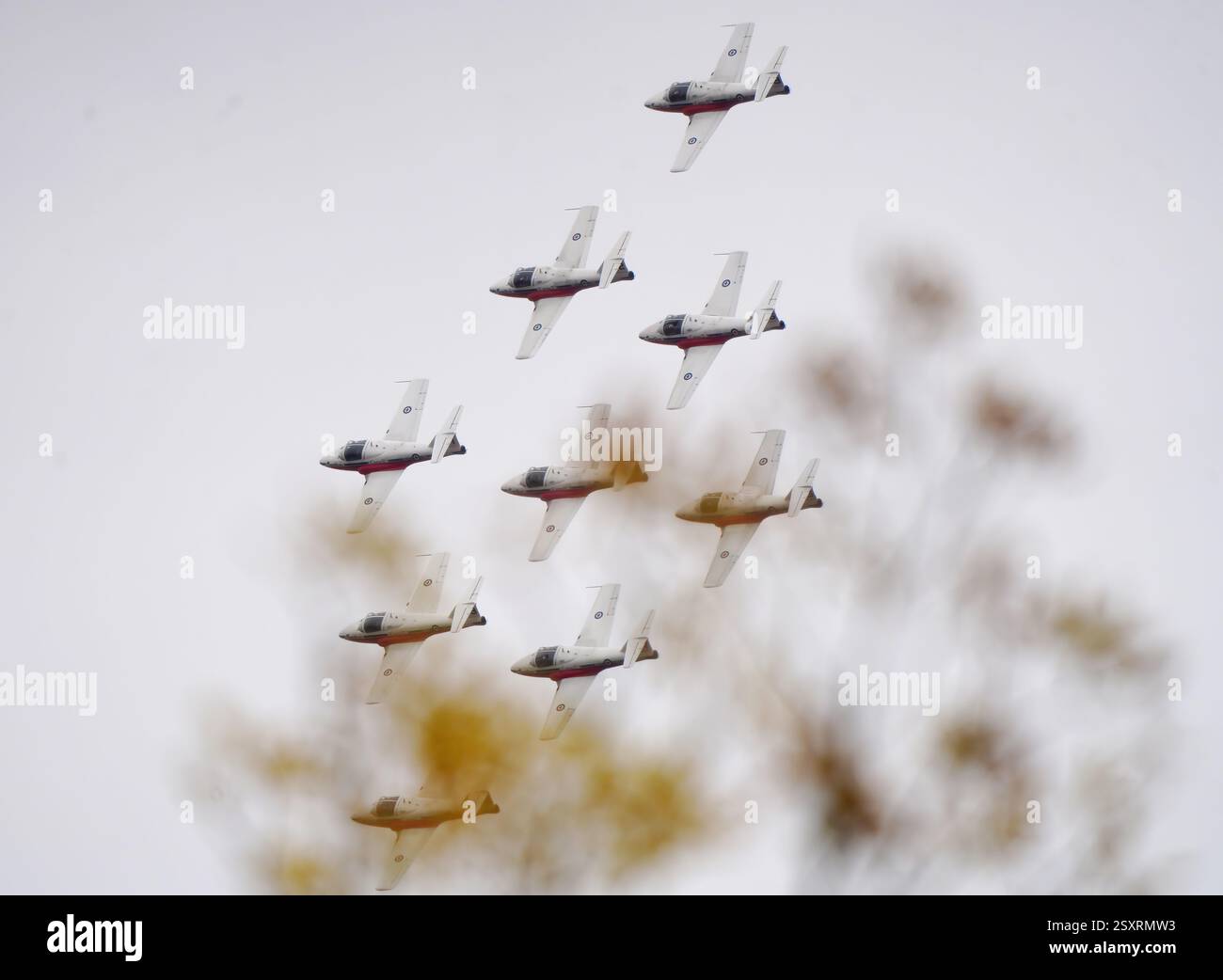 Nove jet militari che volano in formazione di diamanti durante uno spettacolo aereo Foto Stock