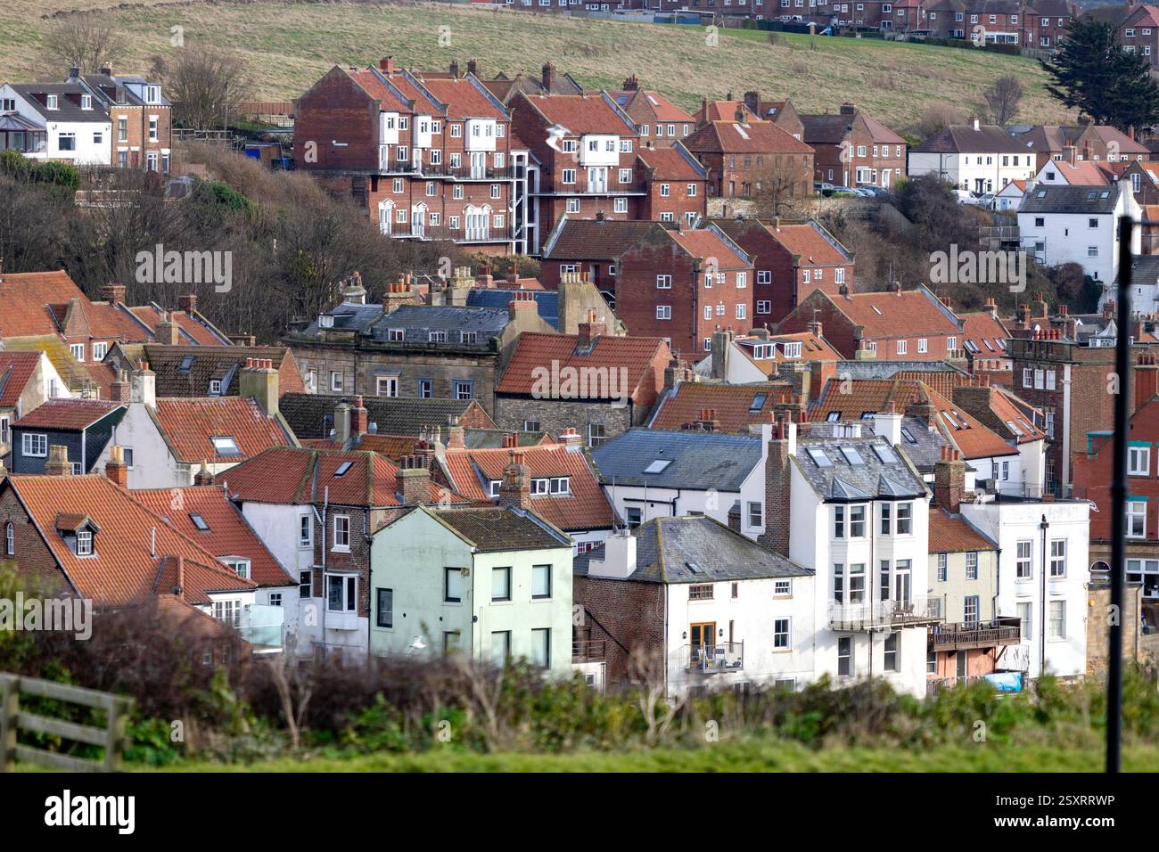 Vista di Whitbys East Cliff che si affaccia sul porto storico e sull'abbazia di cottage e case Foto Stock