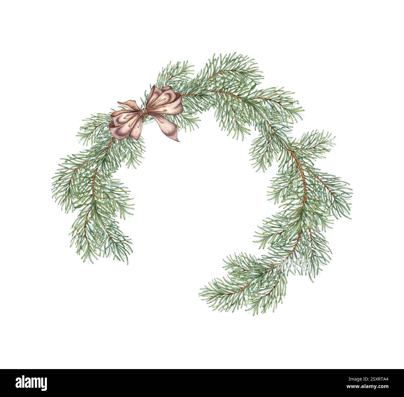 Rami di abete, con aghi verdi e fiocco marrone. Illustrazione ad acquerello della corona di Natale e Capodanno. Telaio rotondo, confine con gli impianti invernali isolati Foto Stock