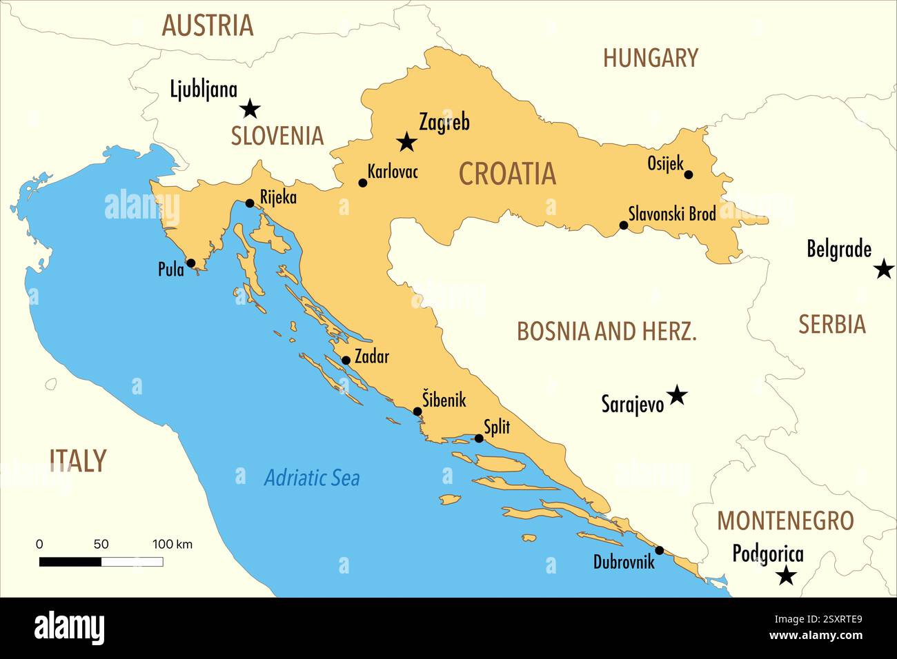Mappa della Croazia con le principali città e i paesi vicini Foto Stock