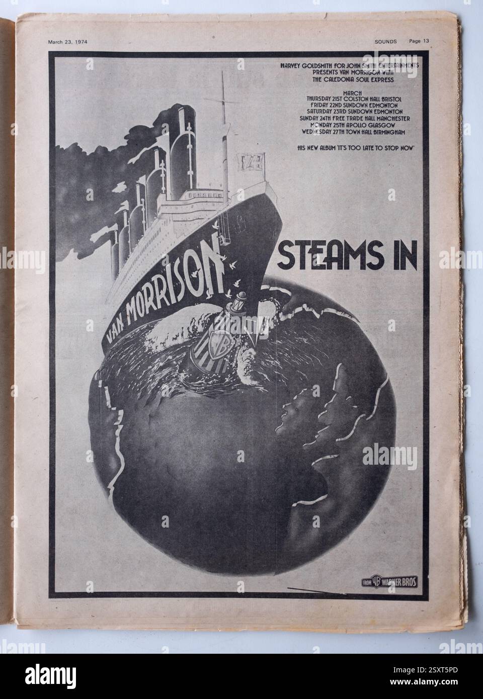 Annuncio a pagina intera in un numero Vintage degli anni '1970 del SOUNDS Rock and Pop Music Paper per il Van Morrison Tour Foto Stock
