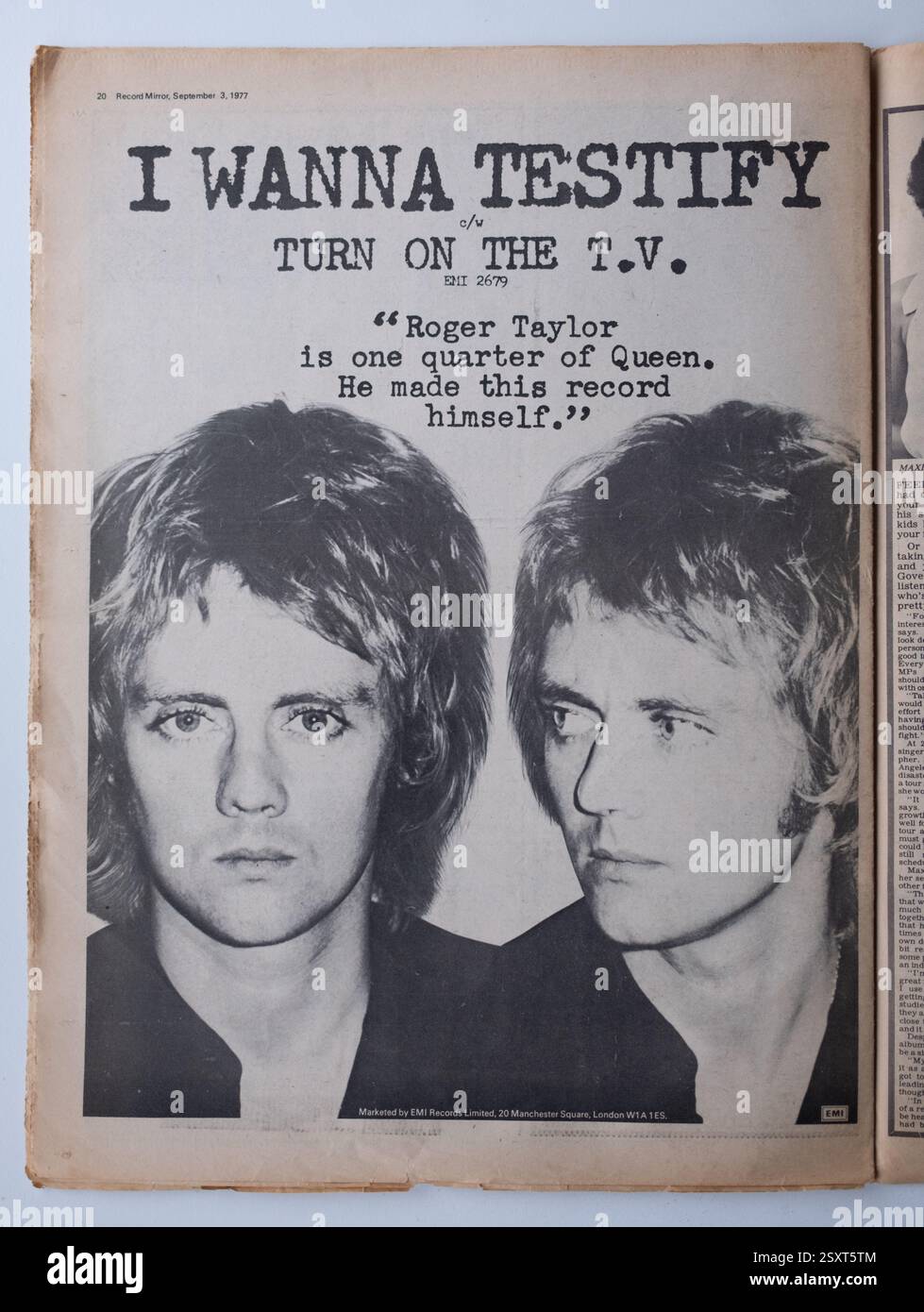 Pubblicità in un numero Vintage anni '1970 del DISCO MIRROR Rock and Pop Music Paper per Roger Taylor Foto Stock