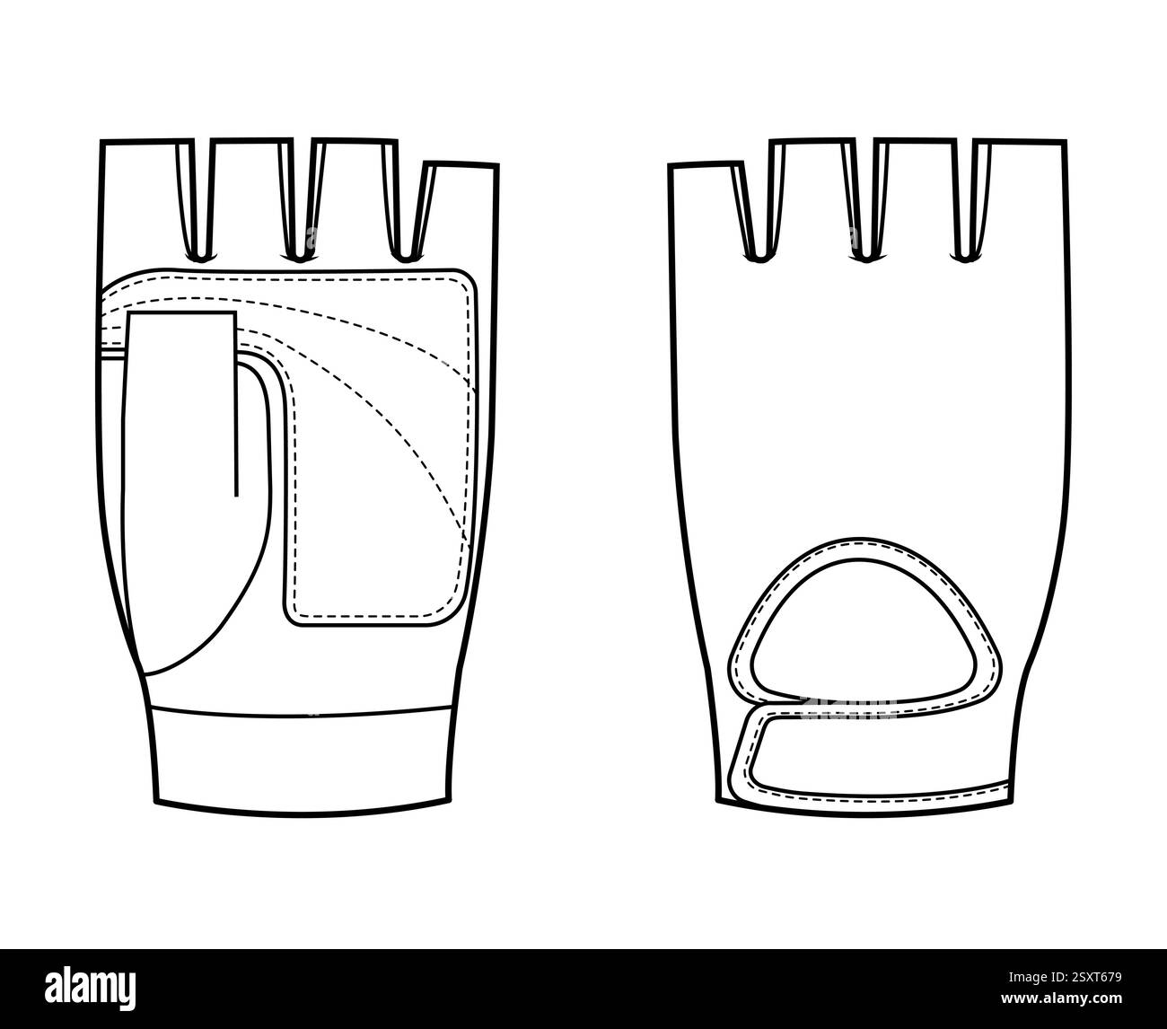 Guanti da allenamento accessorio moda mano indumenti per sollevamento pesi indumenti per illustrazione tecnica indumento. Vista posteriore del palmo frontale vettoriale per uomo, donna, modello piatto in stile unisex contorno schizzo modello CAD su bianco Illustrazione Vettoriale
