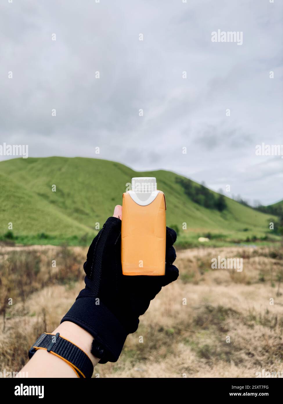 Una persona che indossa un guanto nero tiene una piccola bottiglia di succo d'arancia sullo sfondo di verdi colline e cielo nuvoloso. - Immagine stock catturata con smartphone
