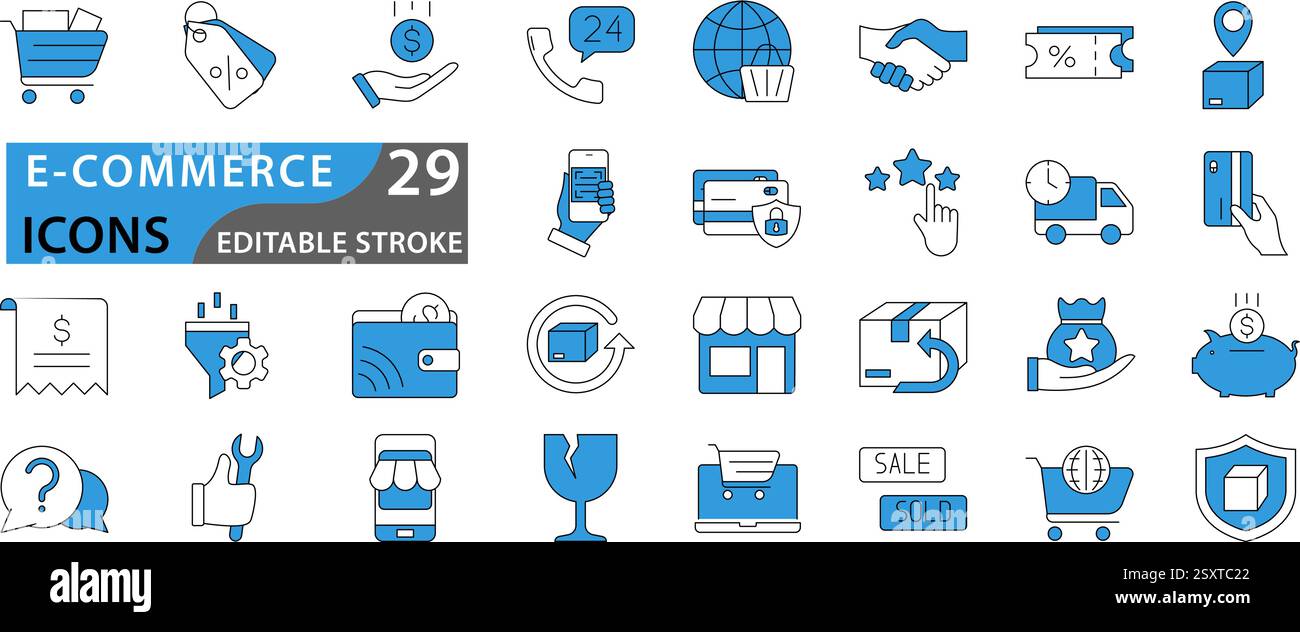 Set di icone e-commerce. Acquisti online e elementi di consegna. Simbolo dell'e-business. Impostare la raccolta vettoriale delle icone. Illustrazione Vettoriale