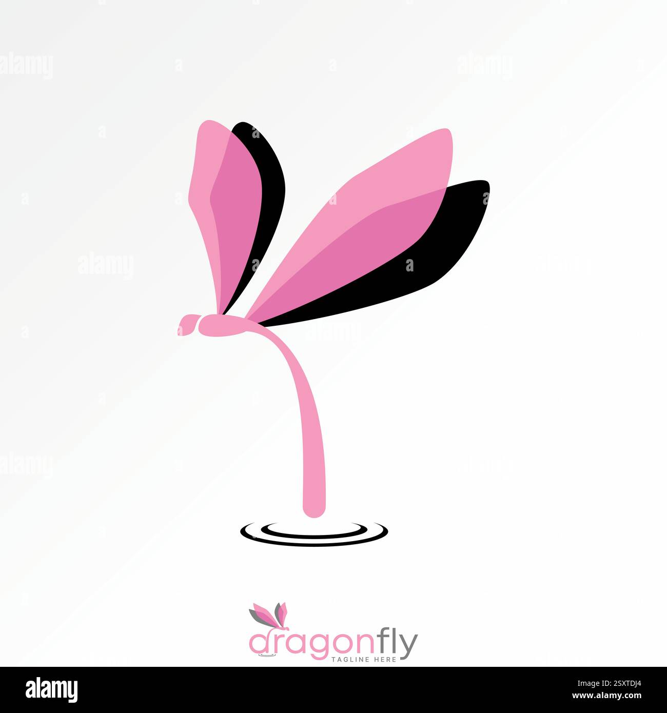 Design del logo concept grafico immagine vettoriale di alta qualità creativa TOP vende gragonfly astratta con gocce d'acqua cadono su insetto esotico di mascotte di flora fresca Illustrazione Vettoriale