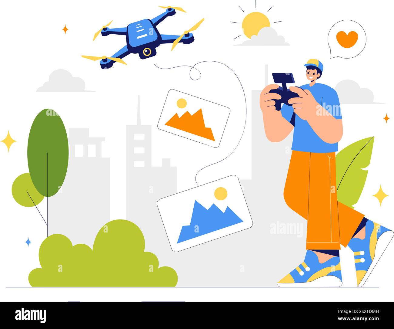 Illustrazione vettoriale per la fotografia dei droni con un drone con telecomando, che cattura foto aeree e video dall'alto su uno sfondo piatto Illustrazione Vettoriale